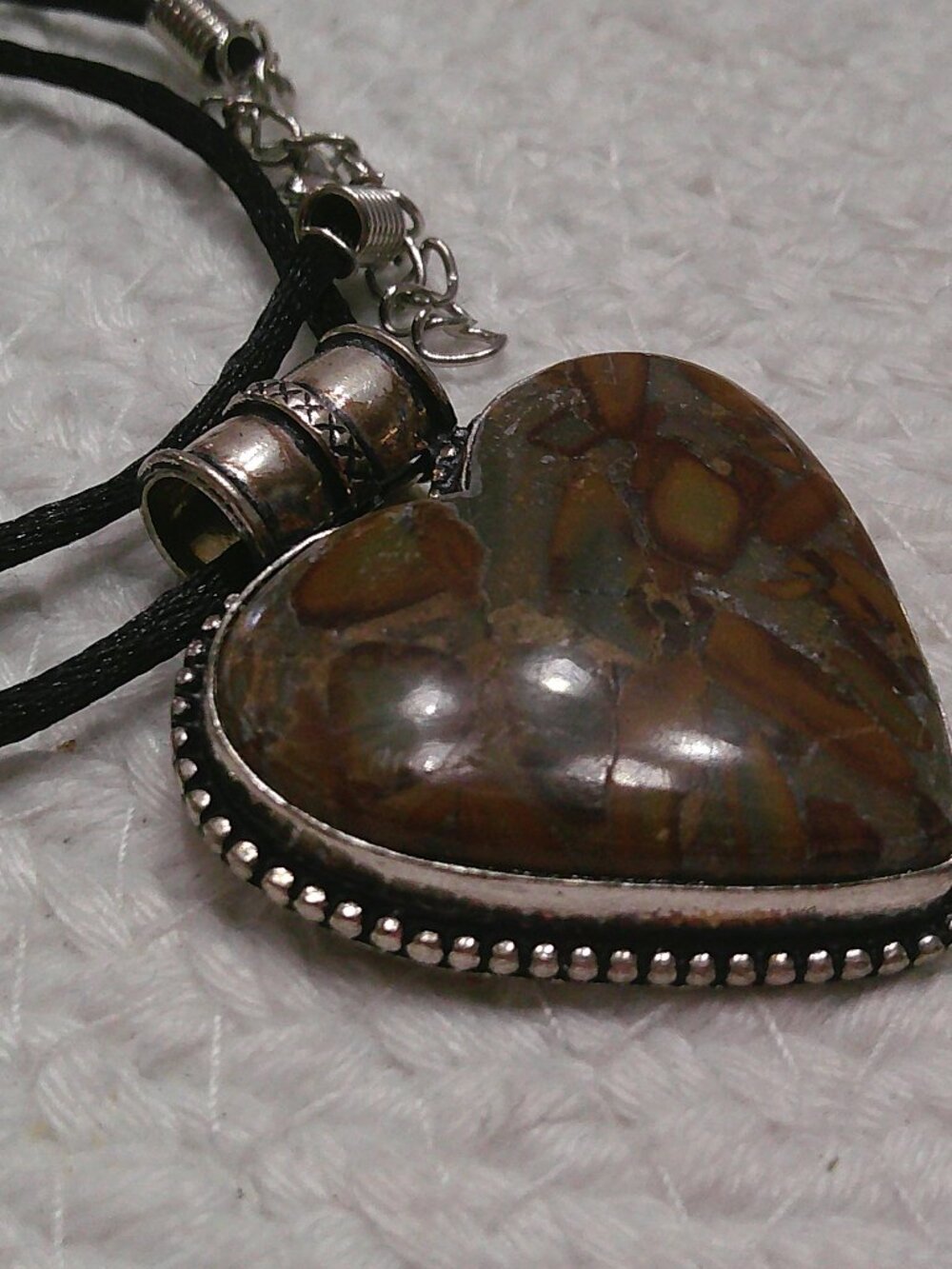 BAMBOO JASPER HEART Handmade Sterling 925 Pendant/Satin Necklace #16F